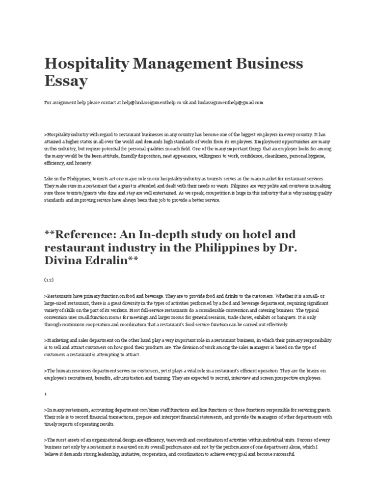 essay about hospitality management