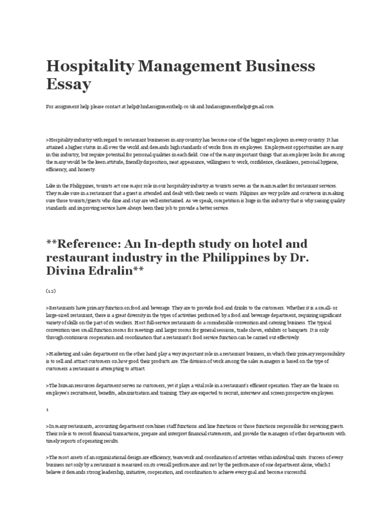 Hospitality Management Business Essay PDF Recruitment Restaurants