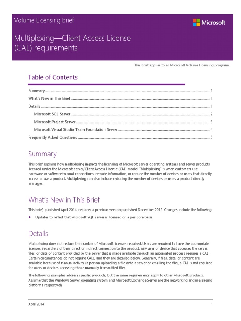 Step-Up Licenses Multiplexing-Client Access License (CAL) Requirements ...