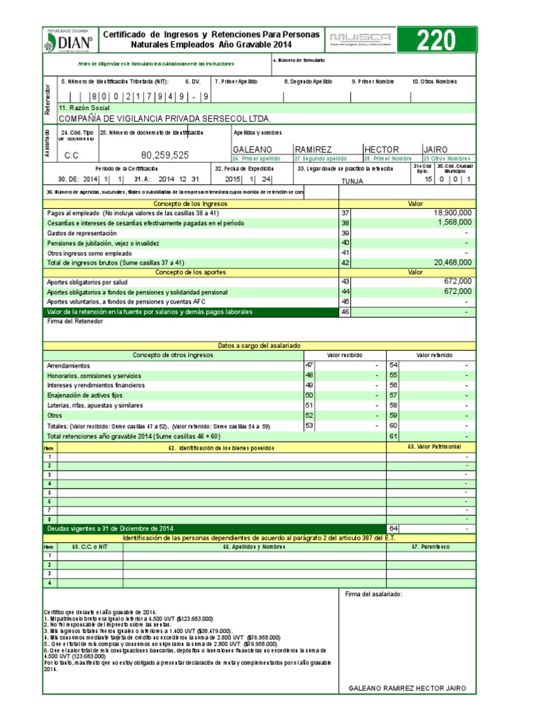 Formato Cert. de Ingresos y Retenciones 2014 Salario Pensión