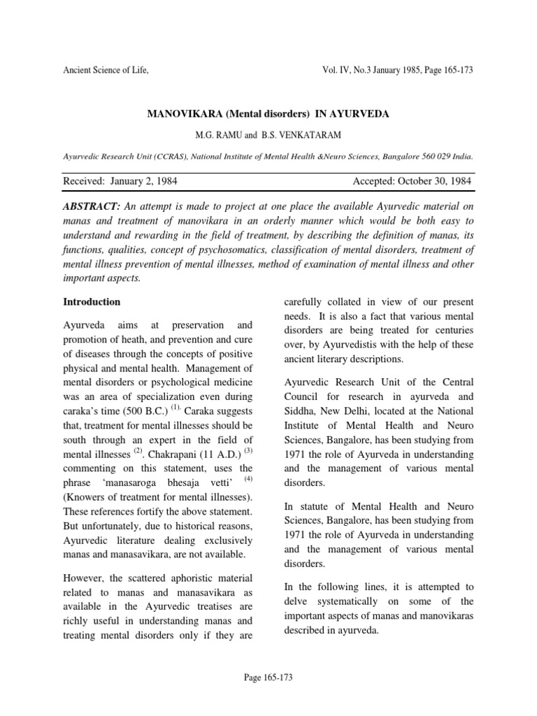 Mental Disorders In Ayurveda An Analysis Of Ayurvedic Concepts Of Mind