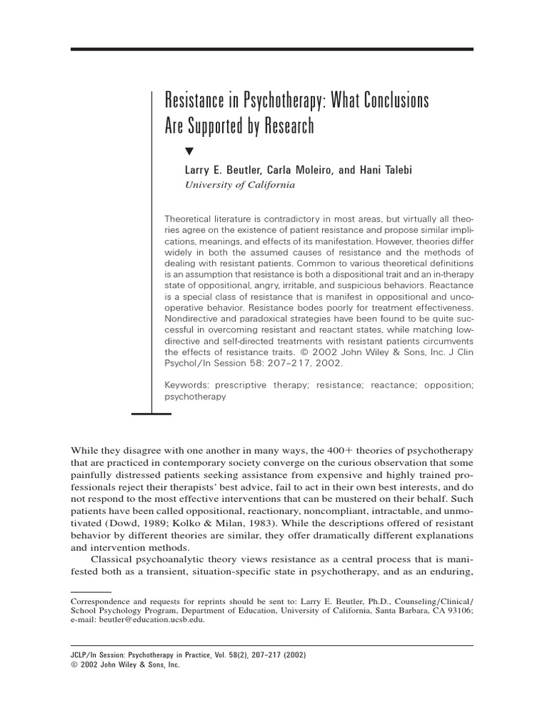 Resistance in Psychotherapy PDF Psychotherapy Gestalt Therapy