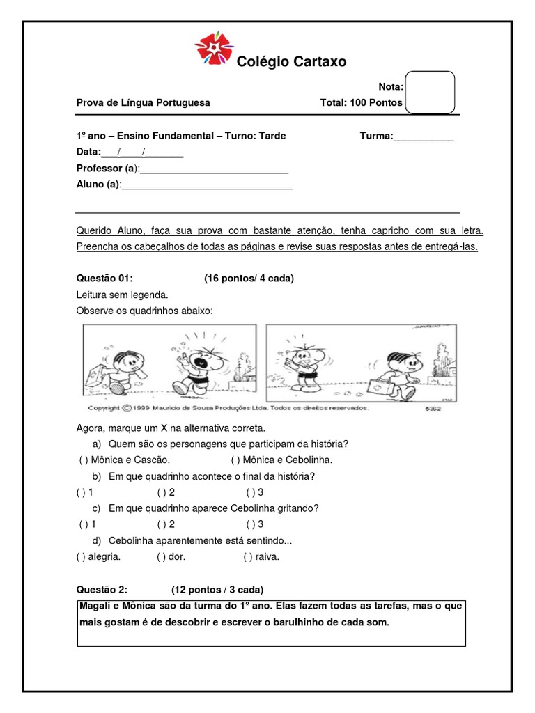 Prova de Português 1º Ano E.F. | PDF