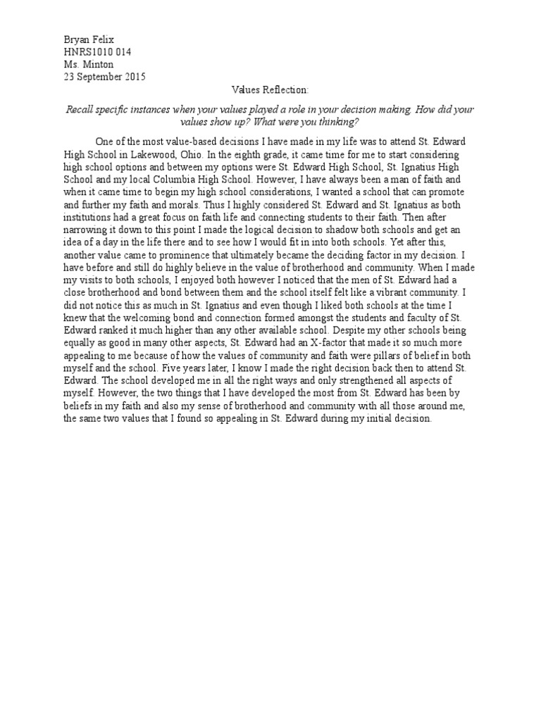 Values Reflection | PDF | Wellness | Religion & Spirituality