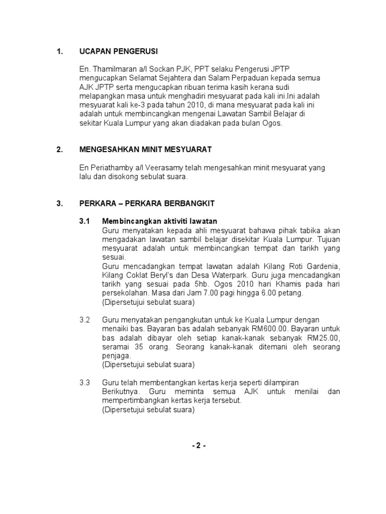 Minit Mesyuarat Kertas Kerja Jamuan Akhir Tahun 2010