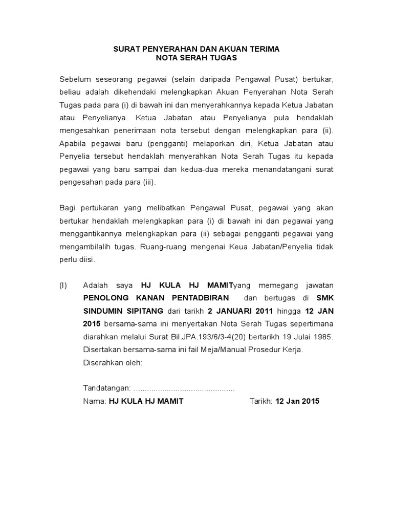Contoh Nota Serah Tugas Guru Pdf