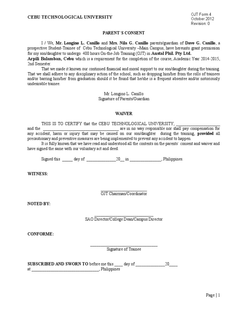 Parent Consent for OJT at Cebu Tech | PDF | Business