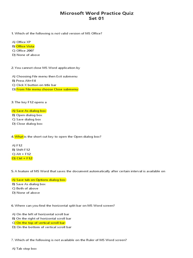 MS Word 2016 MCQ Practice Quiz | PDF | Microsoft Word | Text