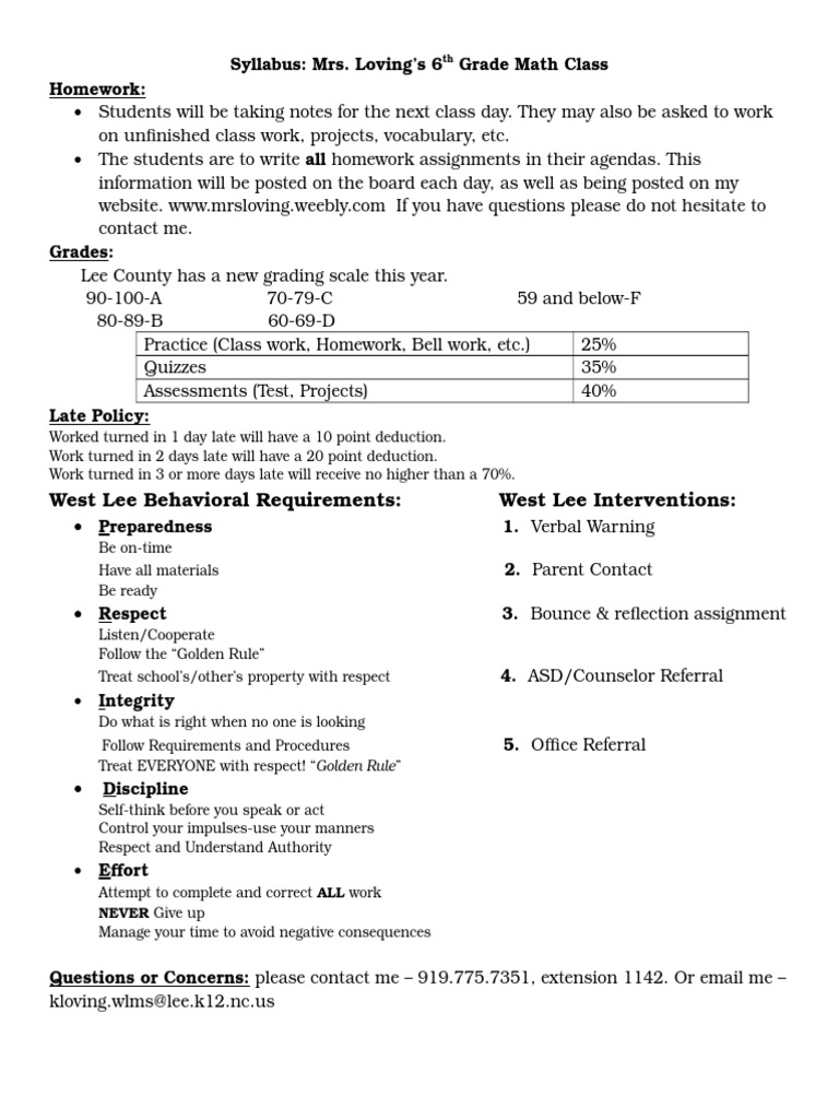 6th Grade Math Class Syllabus | PDF
