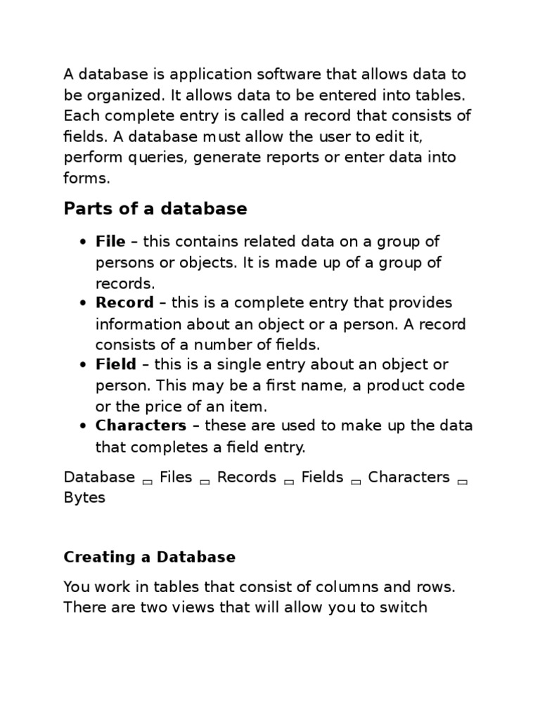 Parts of A Database: File - This Contains Related Data On A Group of | PDF