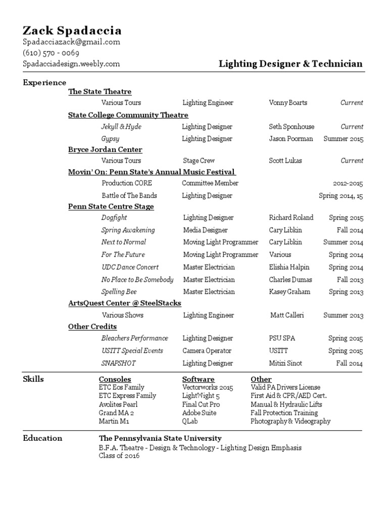 Zack Spadaccia: Lighting Design Resume | PDF | Art