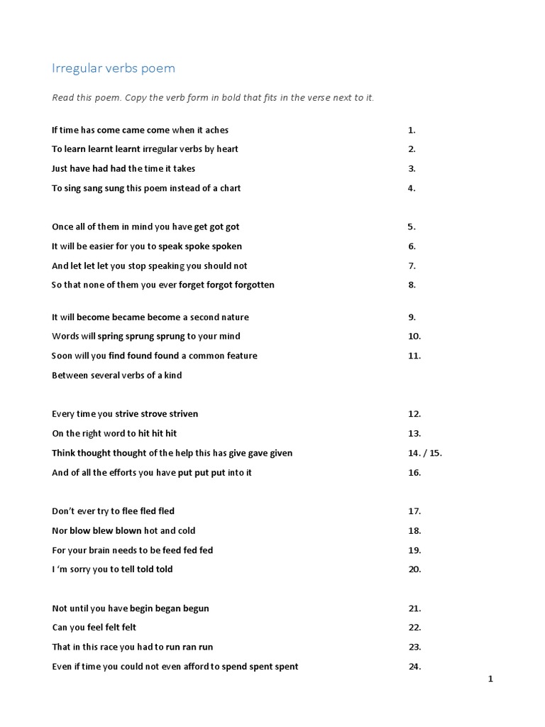 Irregular Verbs in Poetic Form | PDF