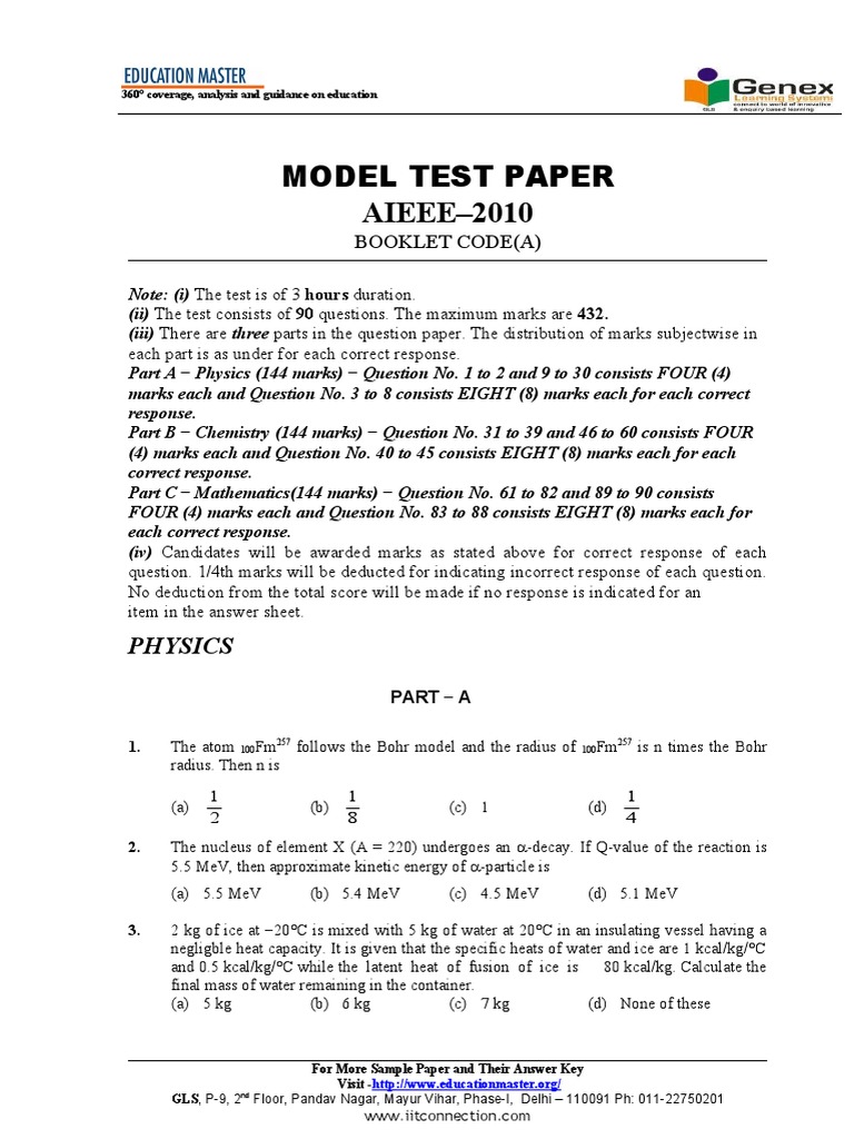 AIEEE 2010 Model Test Paper | PDF | Triangle | Science Education