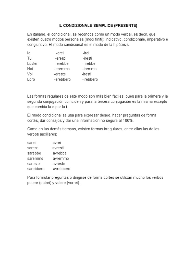 Condizionale Semplice e Composto | PDF | Verbo | Conjugación gramatical