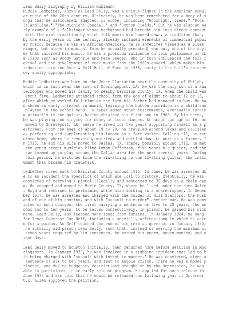Lead Belly Biography by William Ruhlmann PDF Popular Music