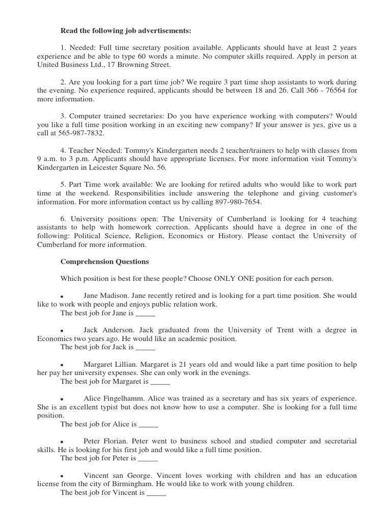 Job Advertisements - Exercises | PDF | Cognition | Schools