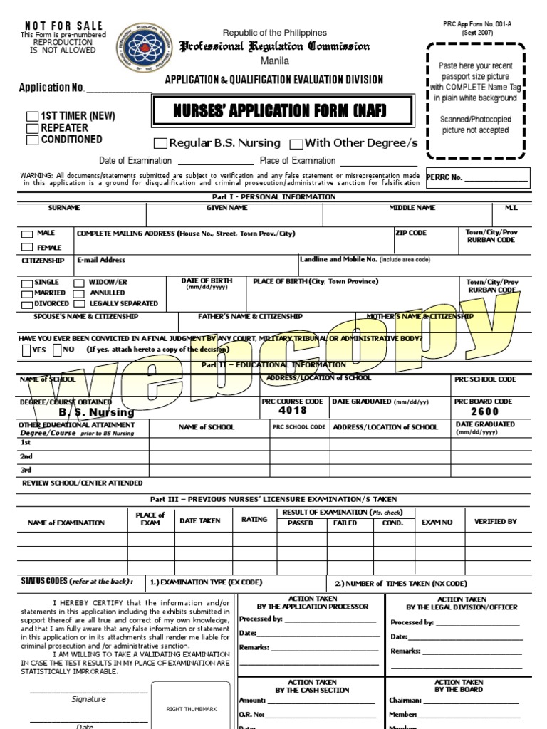 Nurses' Application Form by PRC | PDF