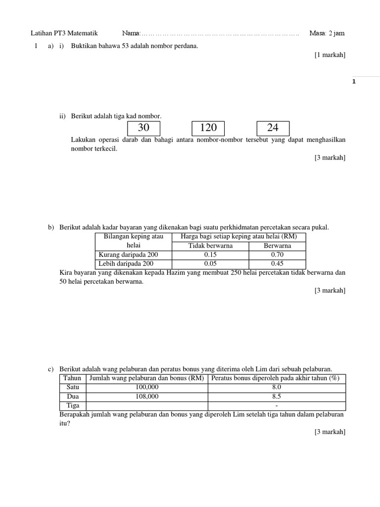 Matematik PT3 Contoh Soalan dan Jawapan