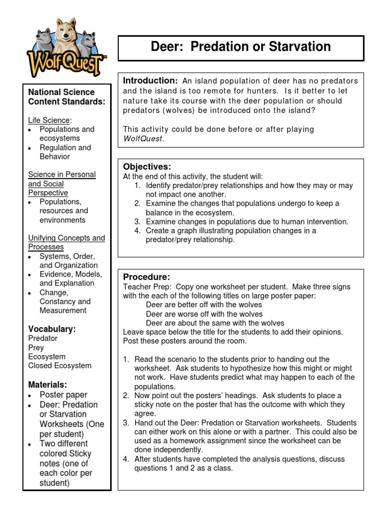 Deer Predation or Starvation Lesson PDF Predation Gray Wolf