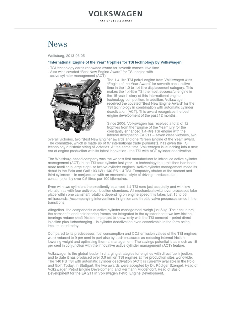 TSI Engine Technology Wins Awards | PDF | Engines | Volkswagen
