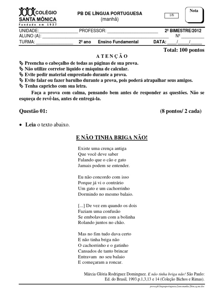 Prova de Língua Portuguesa - 2º Ano | PDF | Idiomas