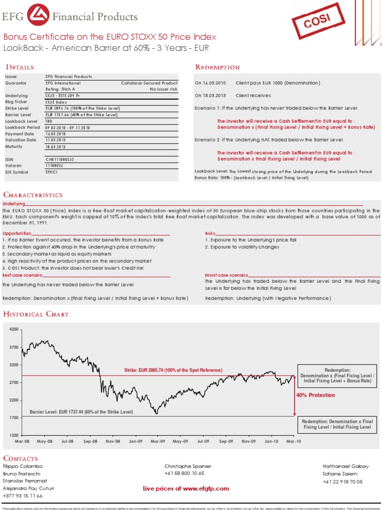 Bonus Certificate On The EURO STOXX 50 | PDF | Euro | Stock Market Index