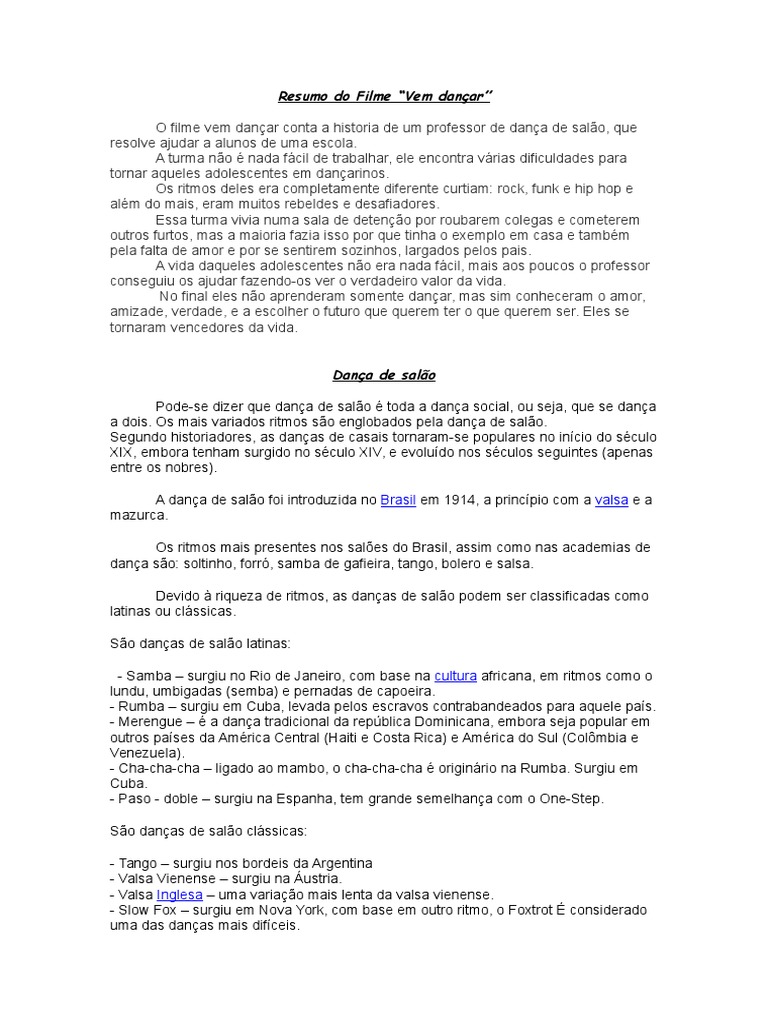 Resumo Do Filme Vem Dançar | PDF | Dança de salão | Danças