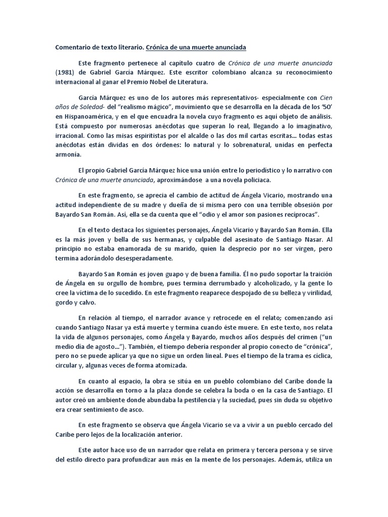 Comentario de Texto Literario. Crónica de Una Muerte