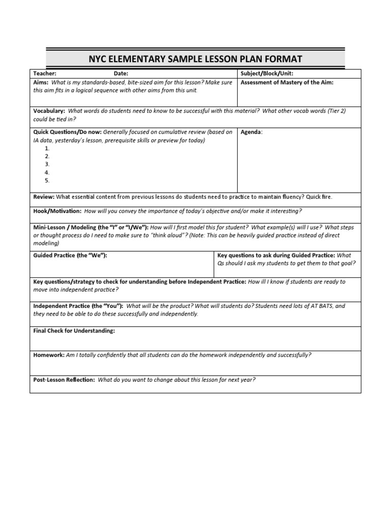 Kipp Nyc Sample Daily Lesson Plan Format Cognition Psychology