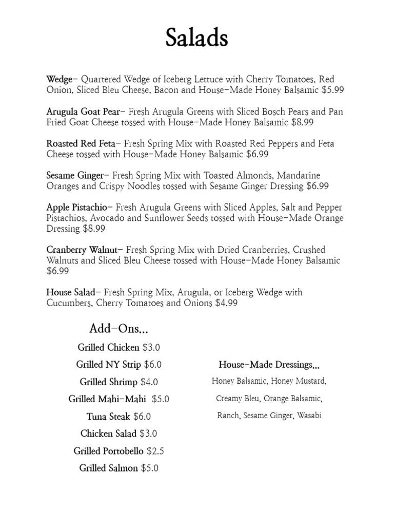 Delicious Salad Menu Options | PDF | Cooking, Food & Wine