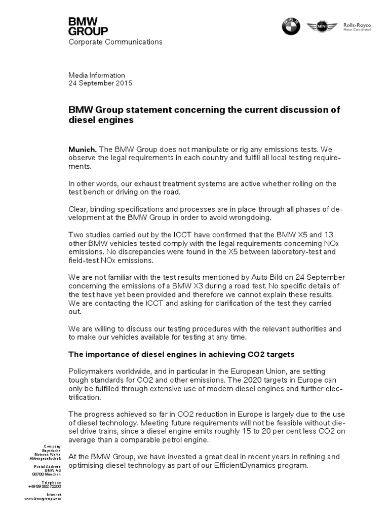 BMW Group Diesel Emissions Statement | PDF | Bmw | Exhaust Gas