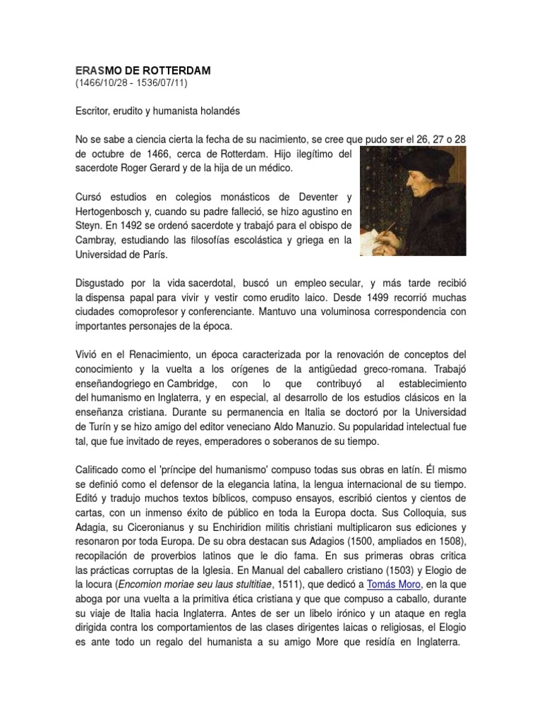 Erasmo de Rotterdam: Humanismo y Obras | PDF | Religión y creencia ...