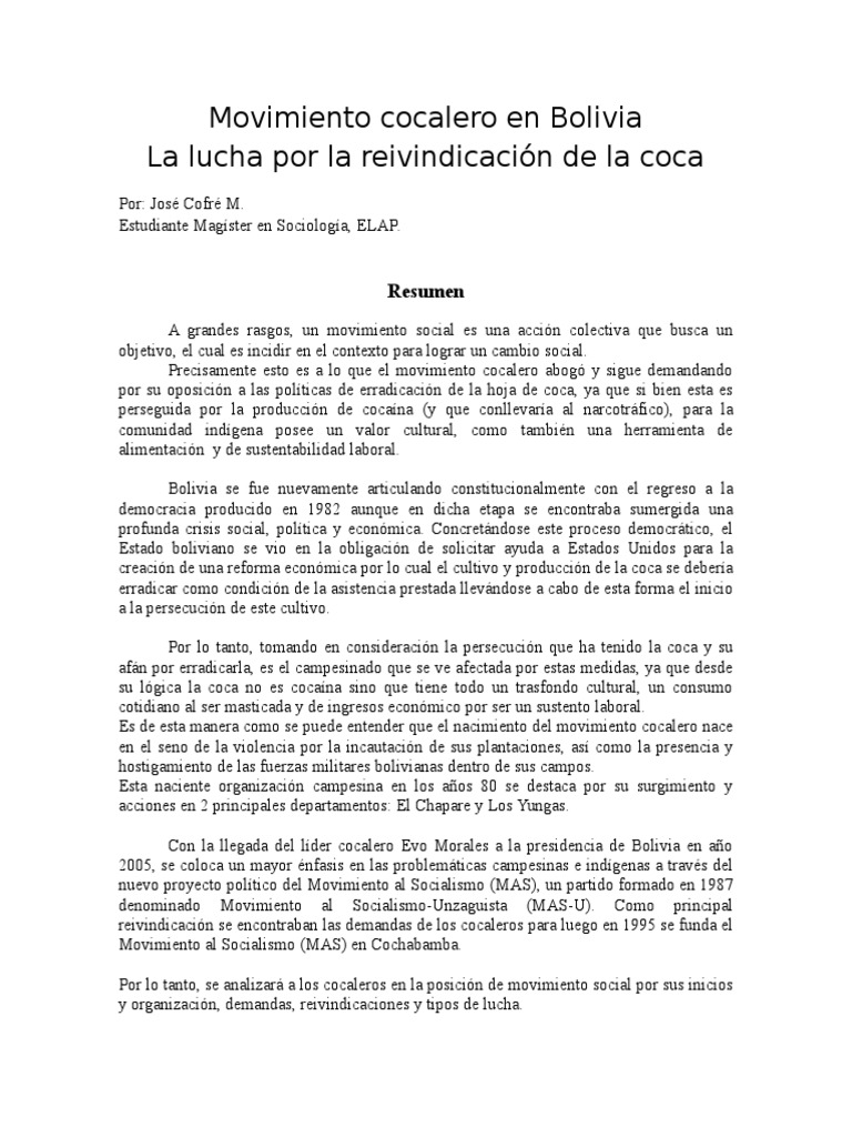 Movimiento cocalero en Bolivia: Lucha y Reivindicación | PDF
