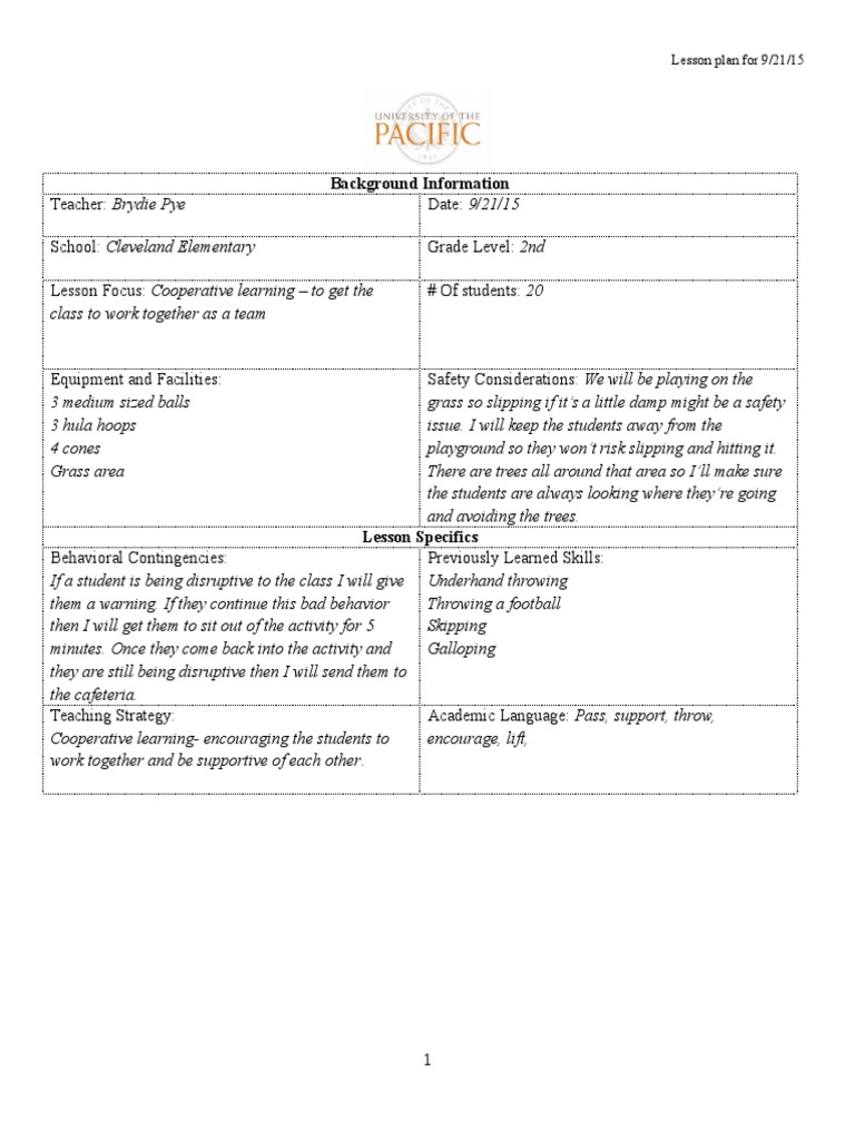 Brydie Week Two Lesson 1 | PDF | Lesson Plan | Physical Education
