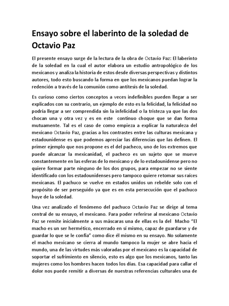 Ensayo sobre el libro 100 años de soledad de Octavio Paz Soledad México