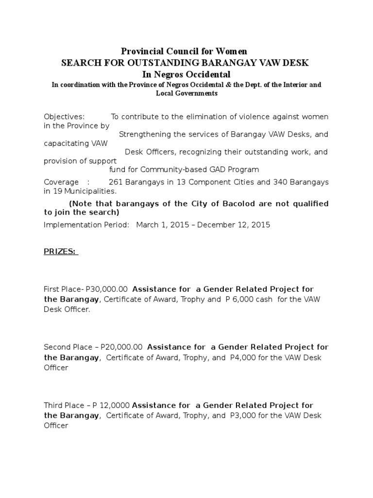 VAW Desk Assessment Tool for Best Barangay VAW Desk Human Trafficking