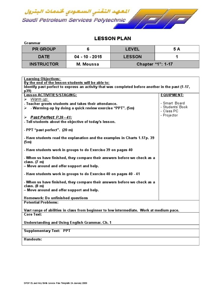 Past Perfect Grammar Lesson Plan | PDF | Career & Growth