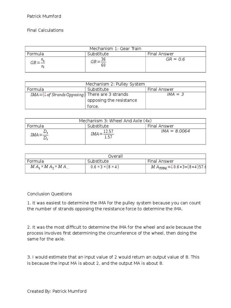 Final Calculations of Mechanical Advantage | PDF | Teaching Methods ...