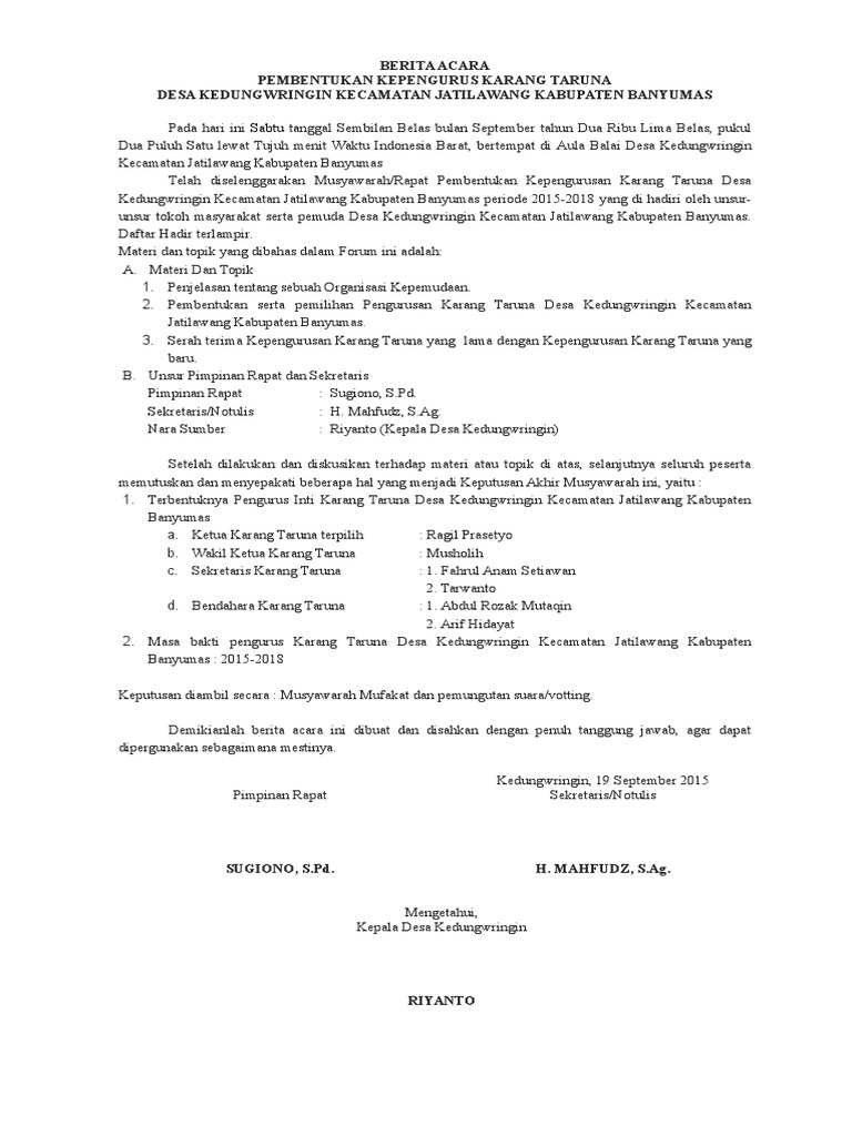 Contoh Berita Acara Rapat Pembentukan Karang Taruna - IMAGESEE