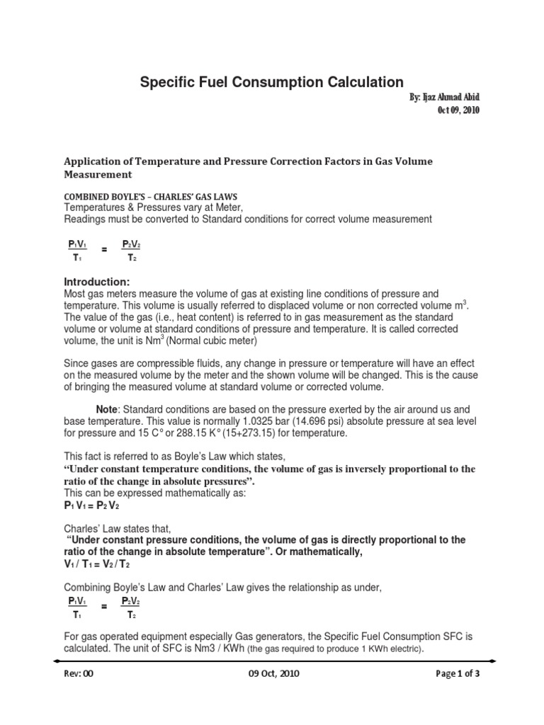 Specific Fuel Consumption Calculation PDF Gases Volume