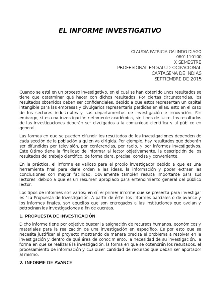 El Informe Investigativo Método científico Información