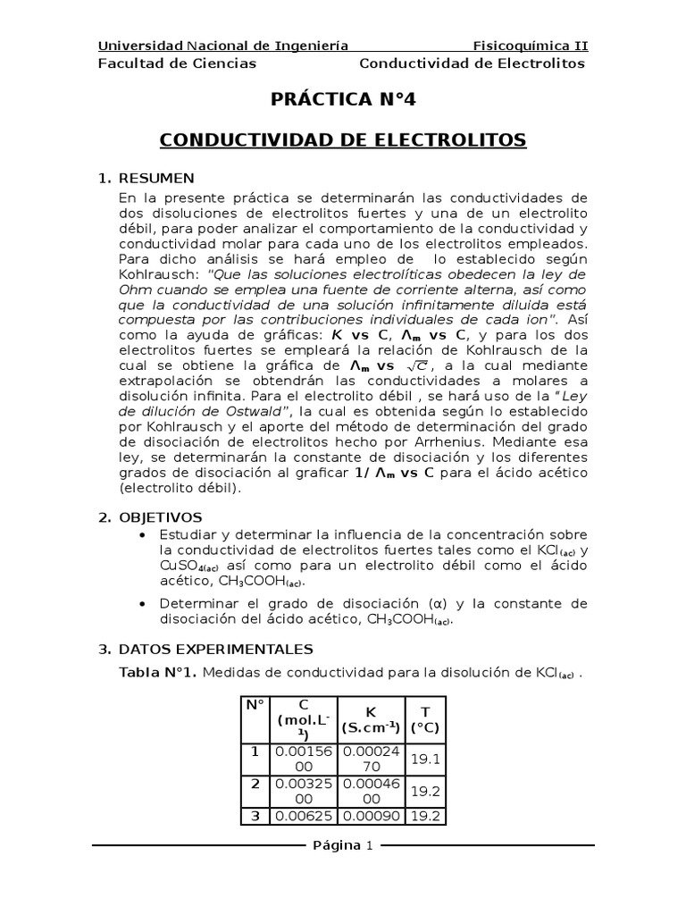 Fisicoquímica II Conductividad de Electrolitos PDF Resistividad