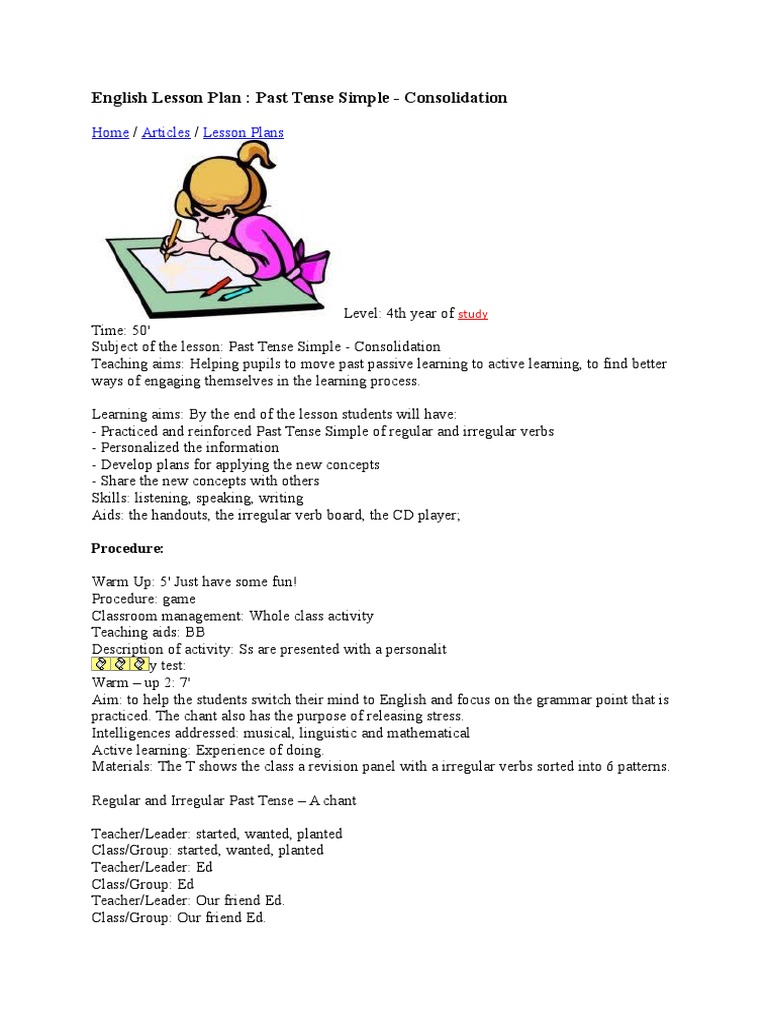 English lesson plan past tense simple consolidation lesson plan english language
