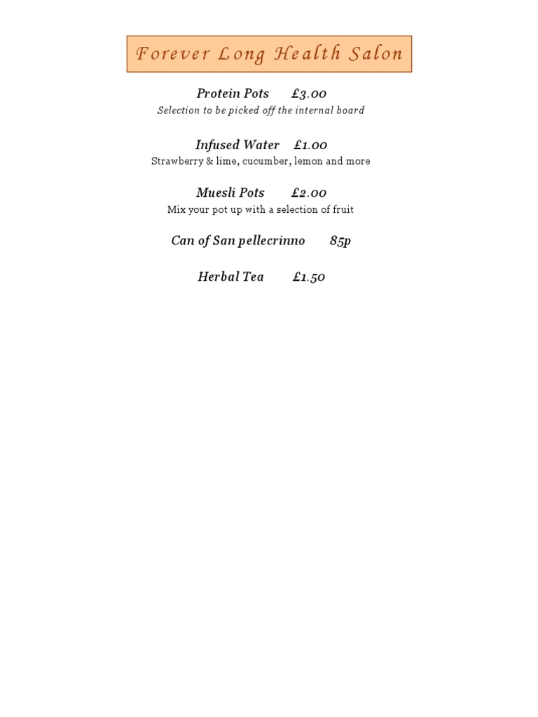 Health Salon Menu: Snacks & Drinks | PDF