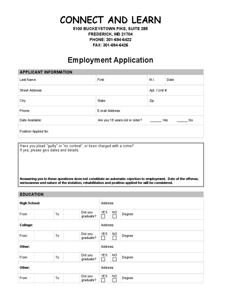 Connect and Learn: Employment Application | PDF