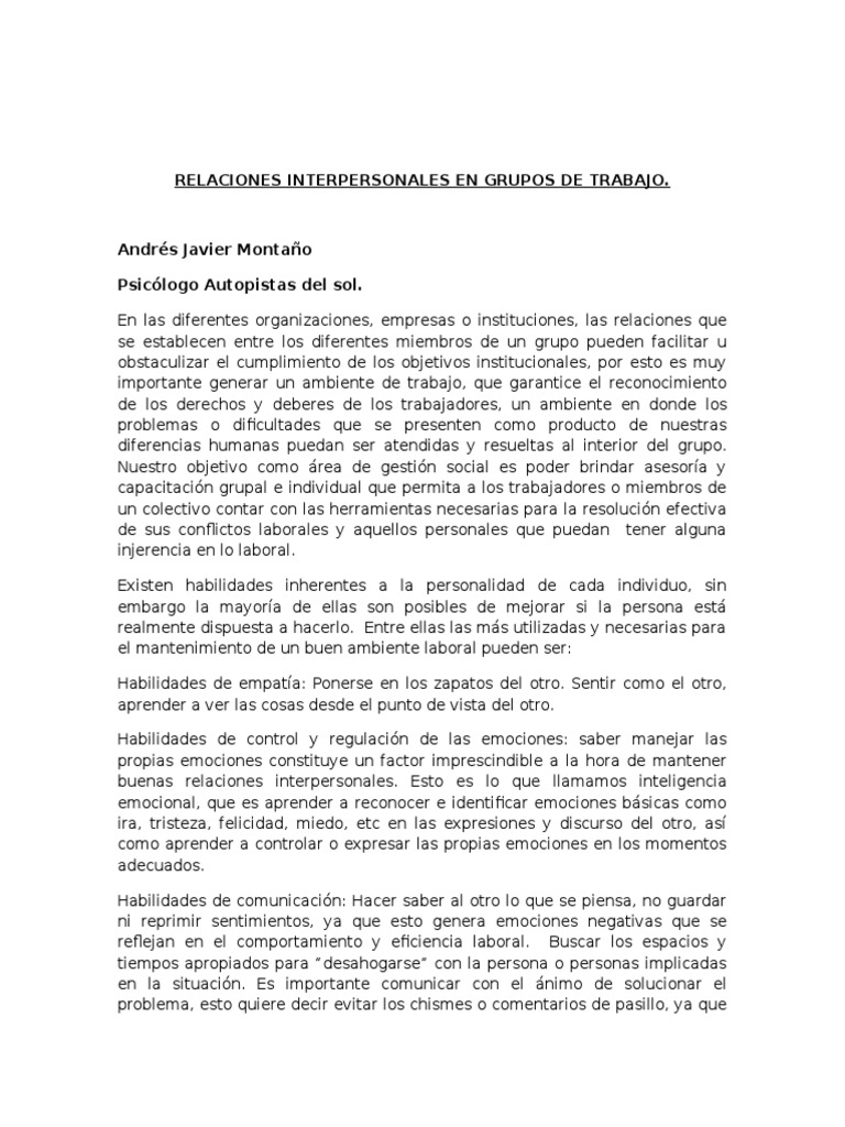 Relaciones Interpersonales en Grupos de Trabajo | PDF | Grupo de ...