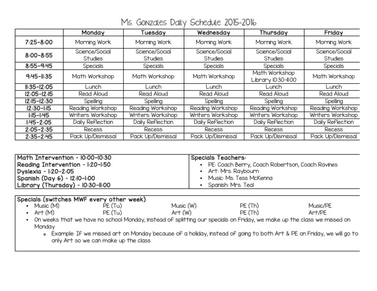 Ms. Gonzales' 2015-2016 Daily Schedule | PDF | Language Arts ...
