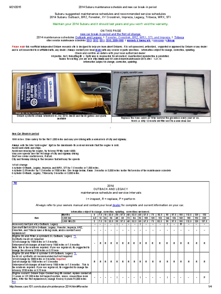 2014 Subaru Maintenance Schedule and New Car BreakIn