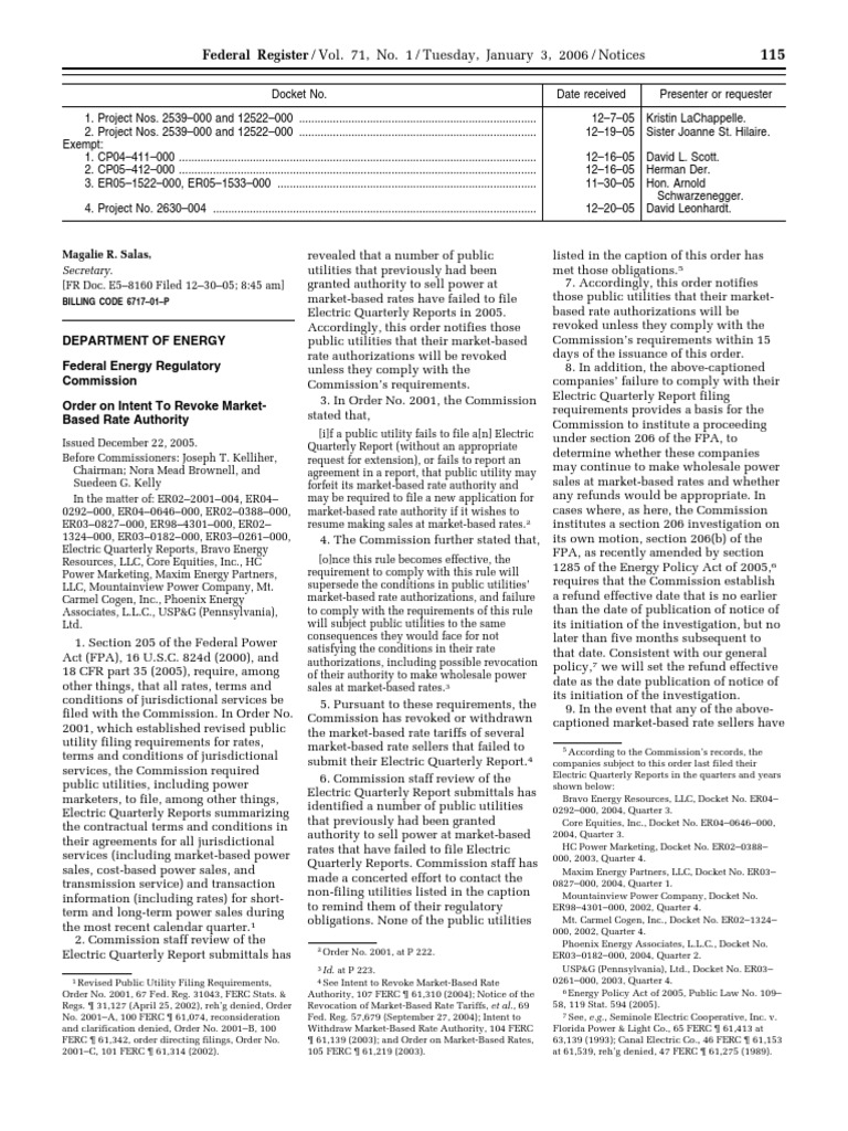 Notice Reports and Guidance Documents Availability, Etc. Electric