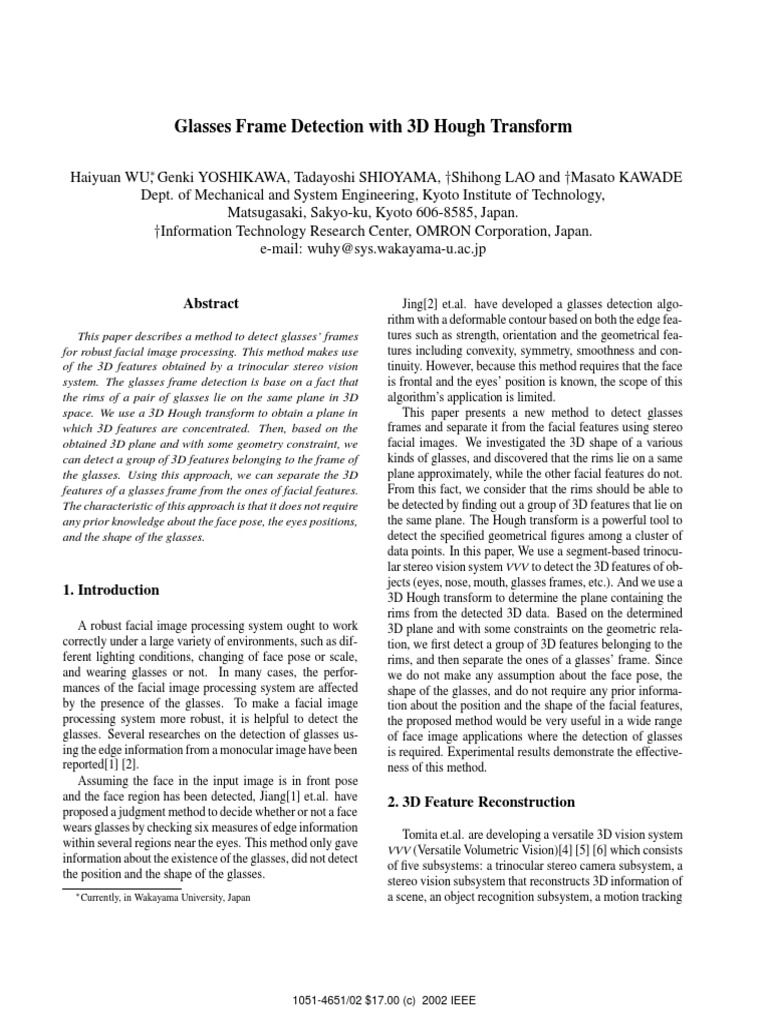 3D Hough Transform for Glasses Detection | PDF